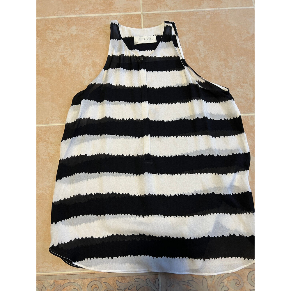 A.L.C.  Crew Neck Silk Blouse Top White Black‎ Striped Sleeveless Womens Size XS